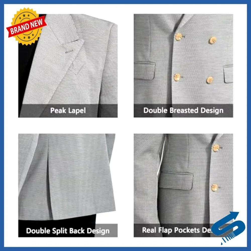 Slim Fit Double Breasted Sport Coat Blazer Peak Lapel Formal Casual